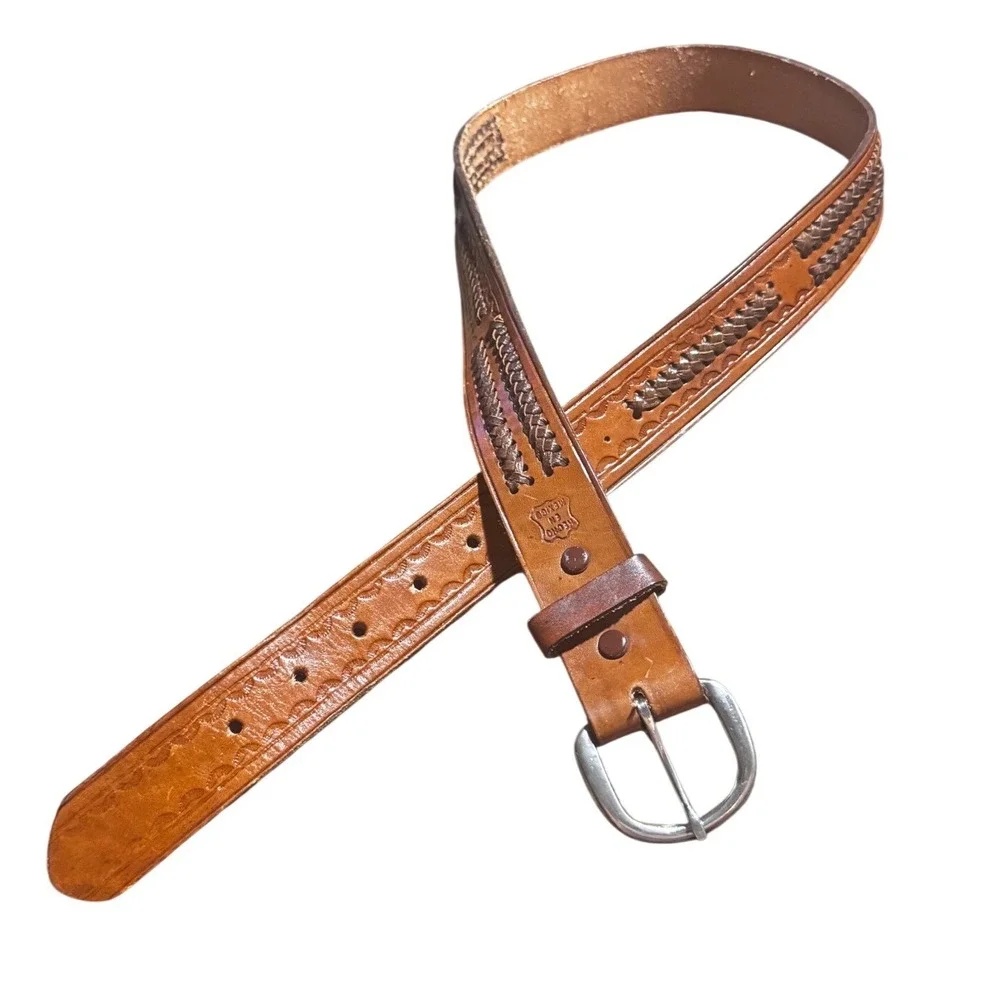Hand Tooled Vintage Belt Mens 38 Tan Woven Inlay Made in Mexico Thick Leather